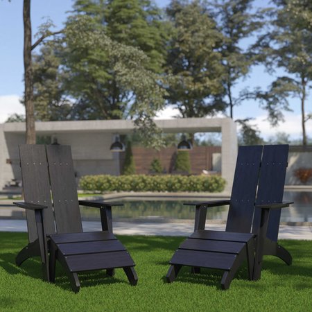 FLASH FURNITURE Set of 2 Black Modern Adirondack Chairs & Ottomans 2-JJ-C14509-14309-BK-GG